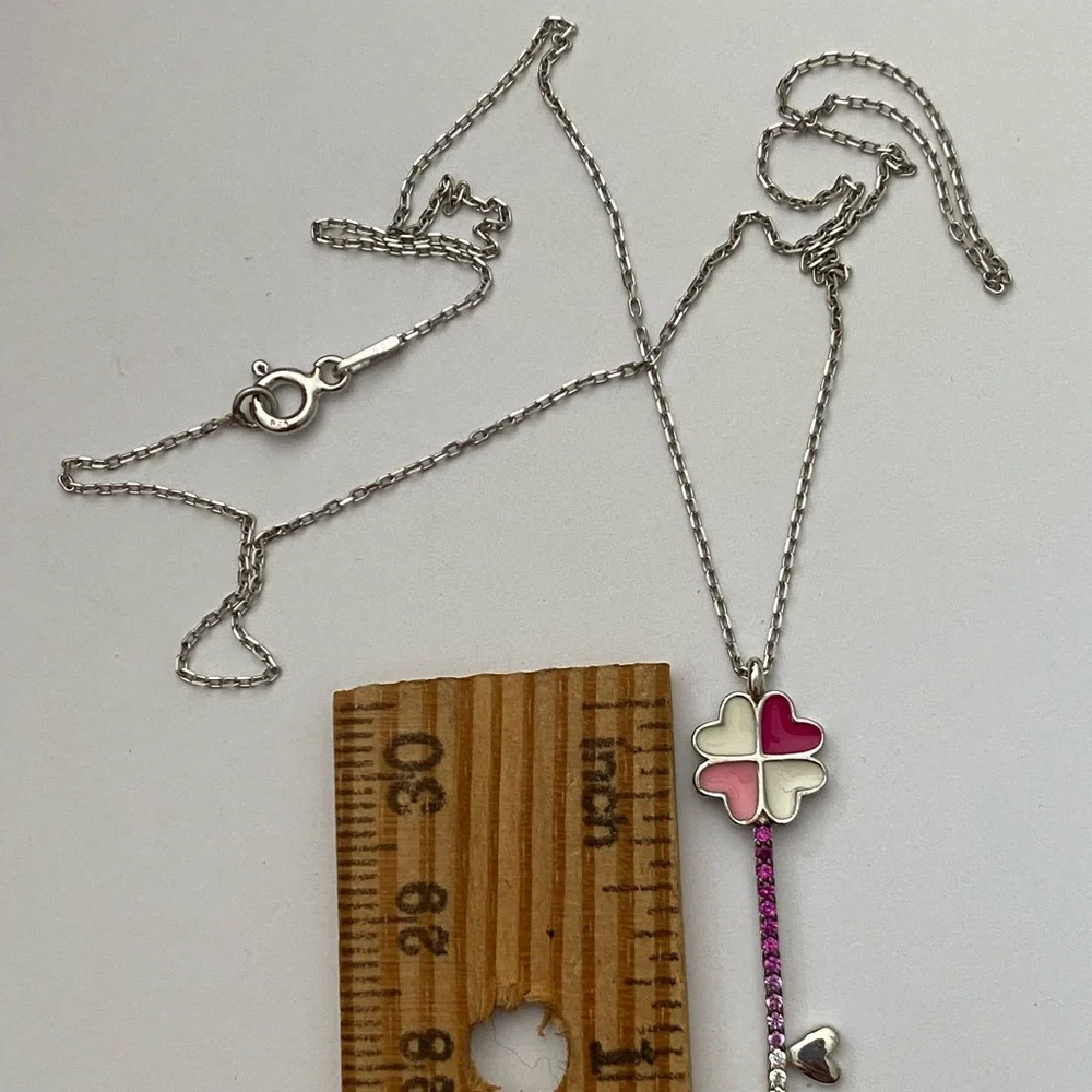 925 Silver pink heart clover key cz necklace